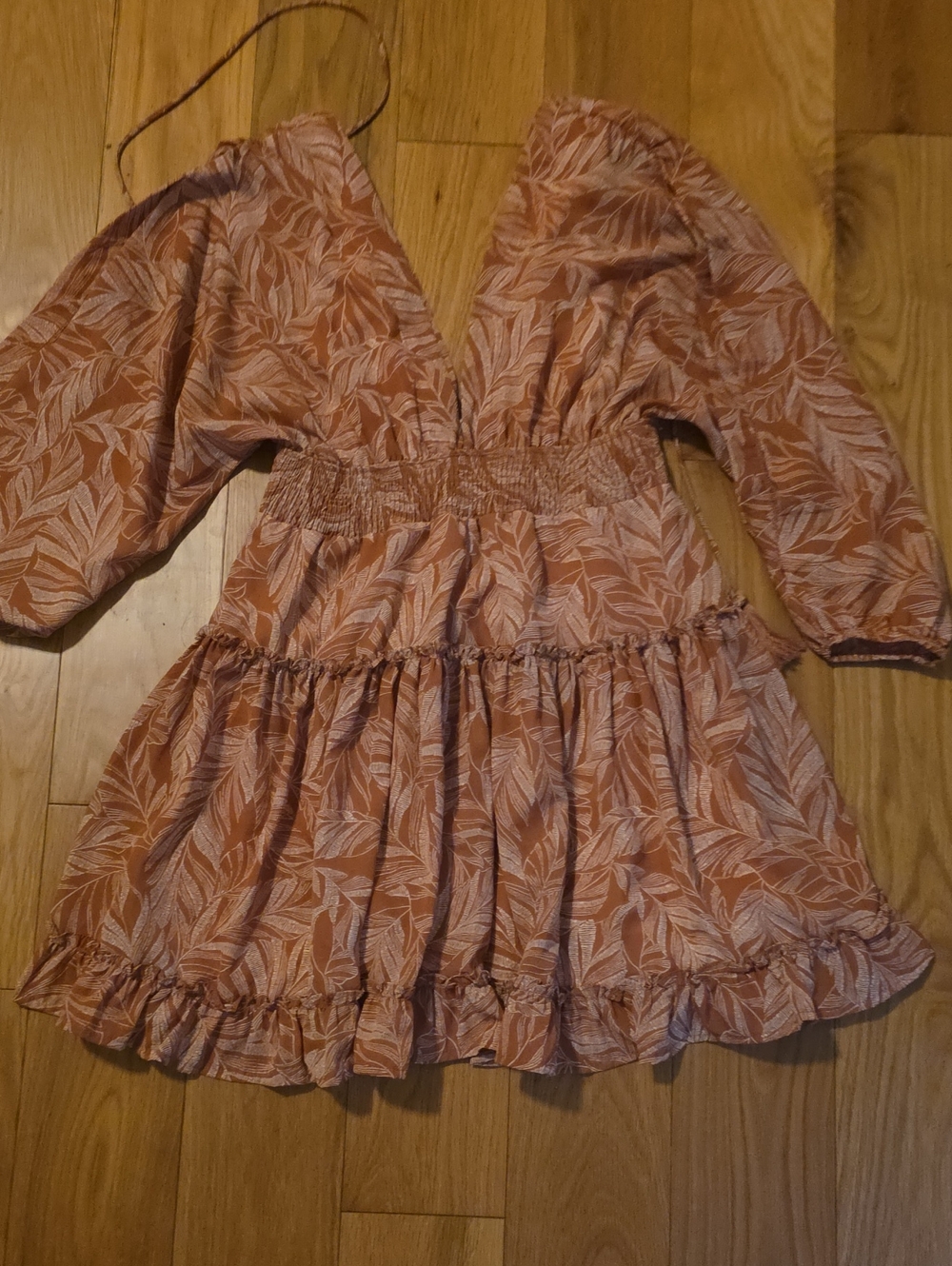 Peach Leaf-Print Tiered Dress